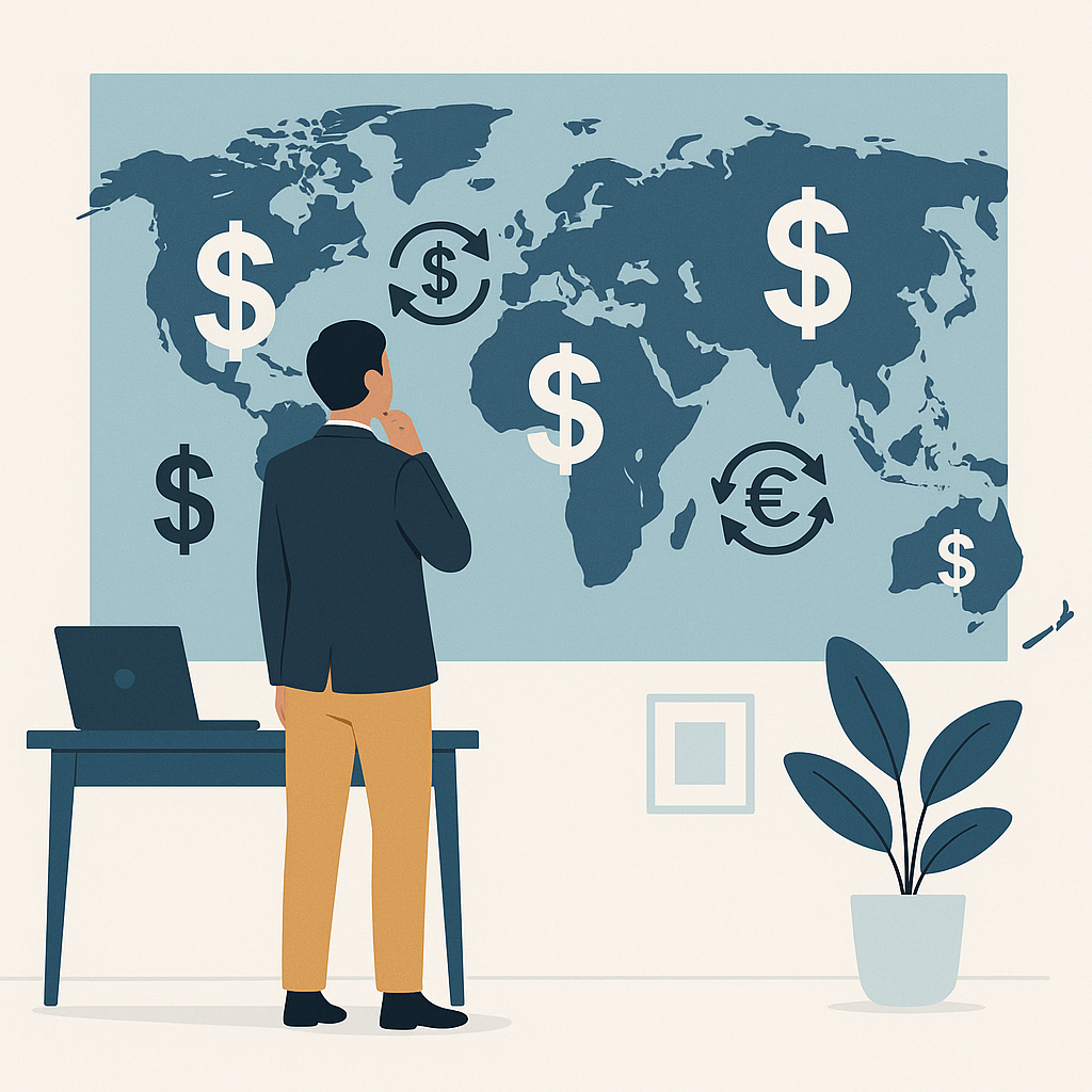 An illustration of a small business owner looking at an international map with dollar signs and currency exchange symbol...