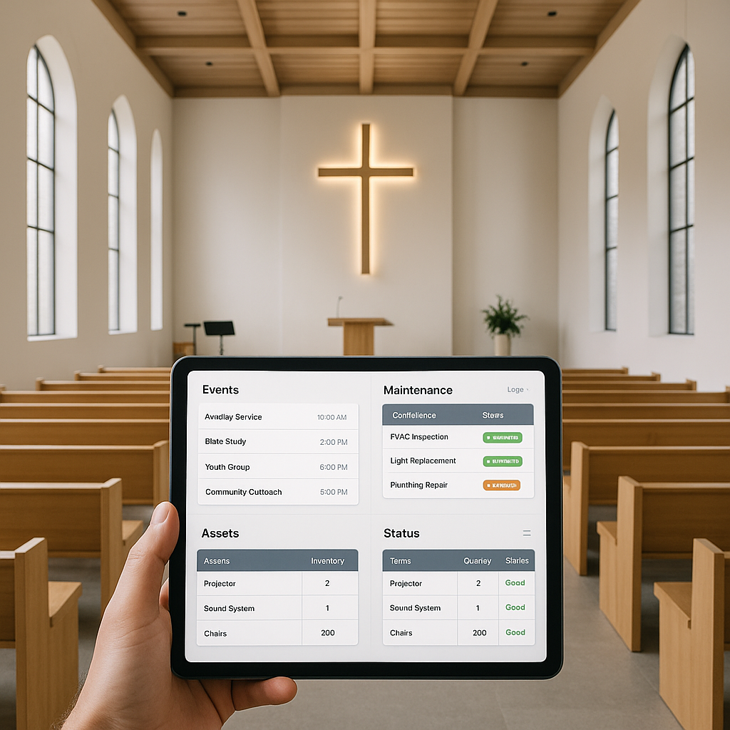 A modern church interior with a digital dashboard showing event schedules, maintenance logs, and asset inventories on a...