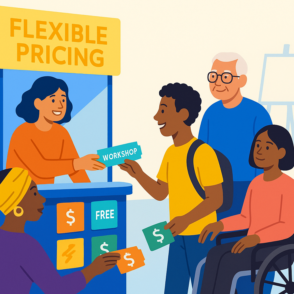 A vibrant illustration of a community workshop event with diverse attendees selecting tickets from a flexible pricing bo...