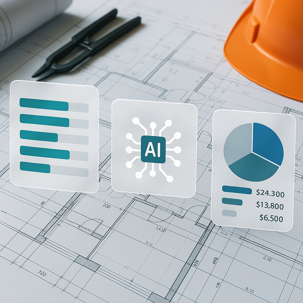 A construction site blueprint with an overlay of AI-powered data analysis tools, showing highlighted BOQ lines and cost...