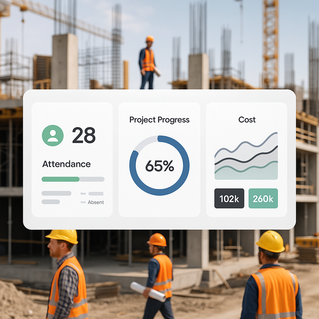 A digital construction site dashboard displaying real-time attendance tracking, project progress, and cost monitoring, w...