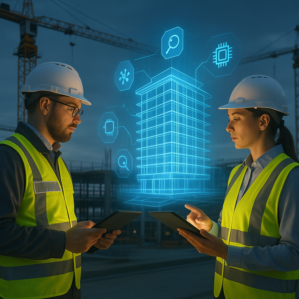 A futuristic construction site with engineers using tablet devices displaying a digital blueprint, and a holographic ove...