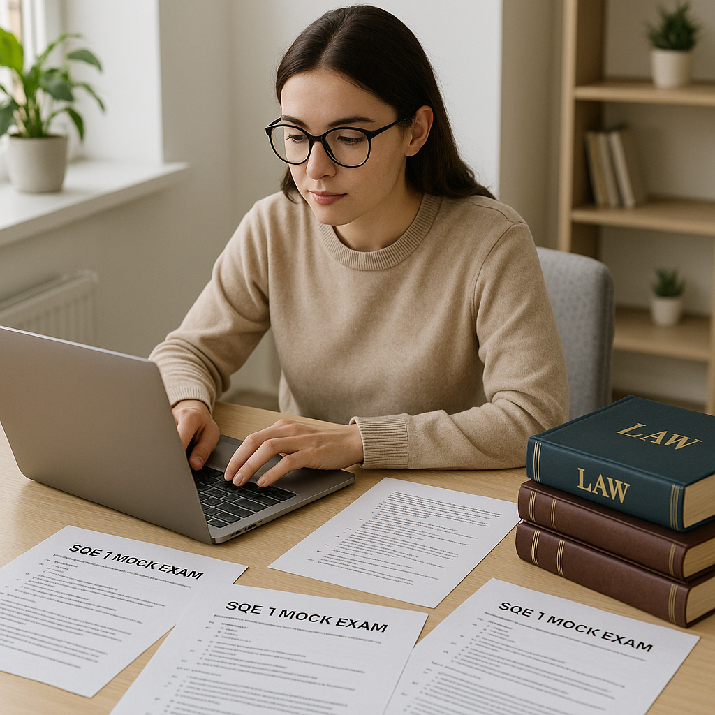 A realistic depiction of a law student studying on a laptop, surrounded by printed SQE1 mock exam PDFs and legal textboo...