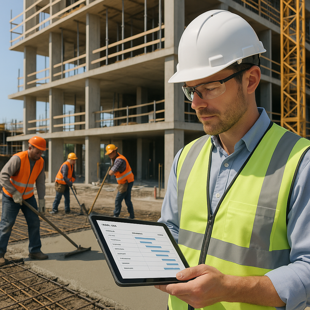 A construction site with subcontractors working, a foreman reviewing a structured work order with clear milestones on a...