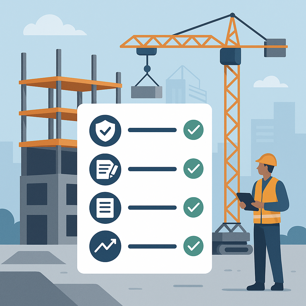 A professional illustration showing a construction project site with a checklist overlay, featuring icons for compliance...