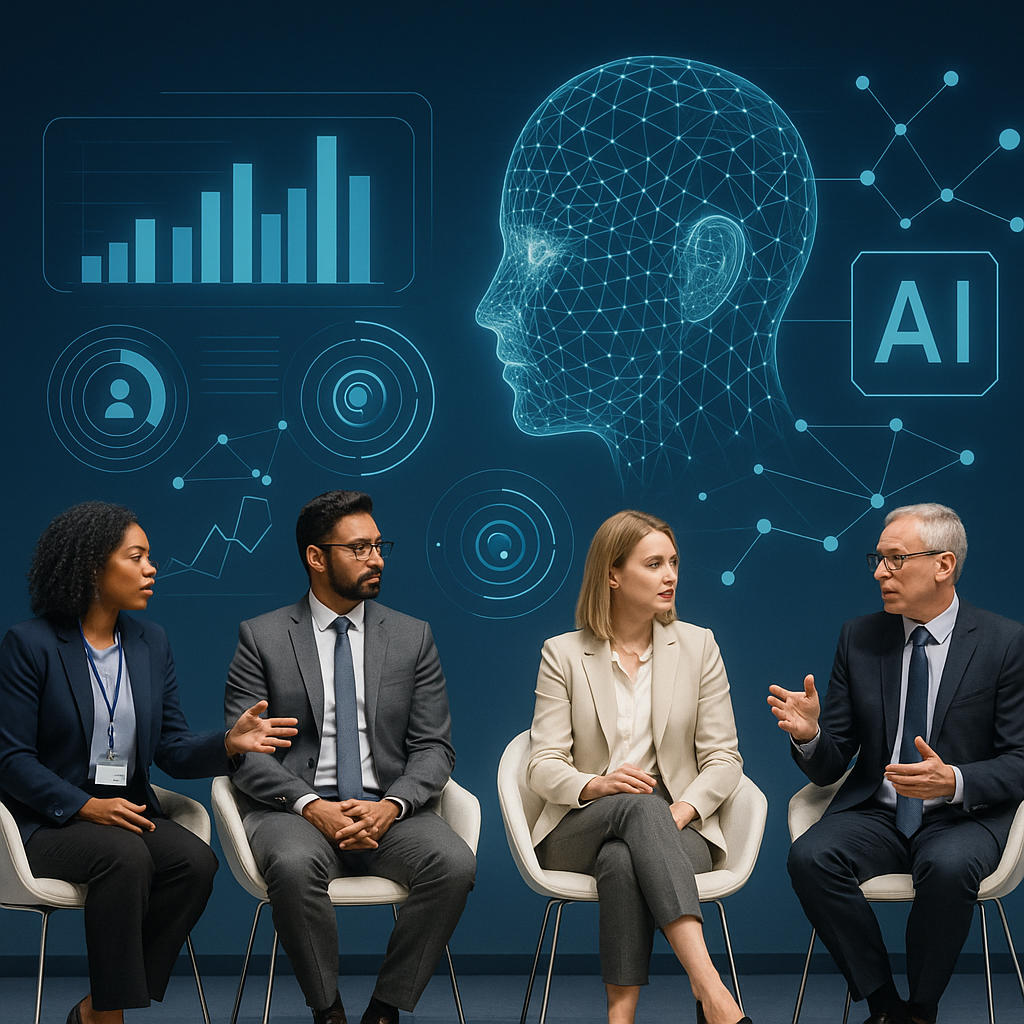 A conference panel discussion on AI in recruitment, featuring diverse HR professionals interacting with digital interfac...