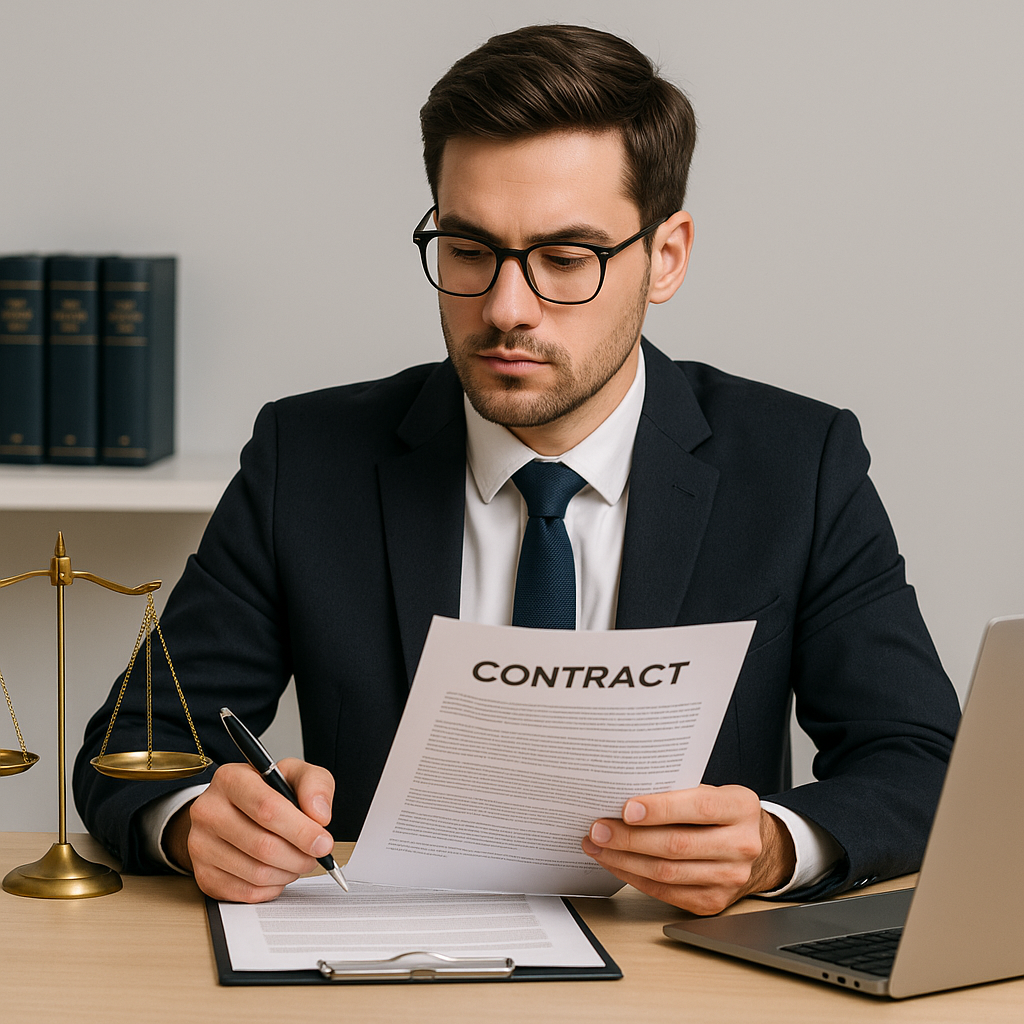 A professional legal-themed image showing a young lawyer reviewing a contract at their desk, with legal books and a lapt...