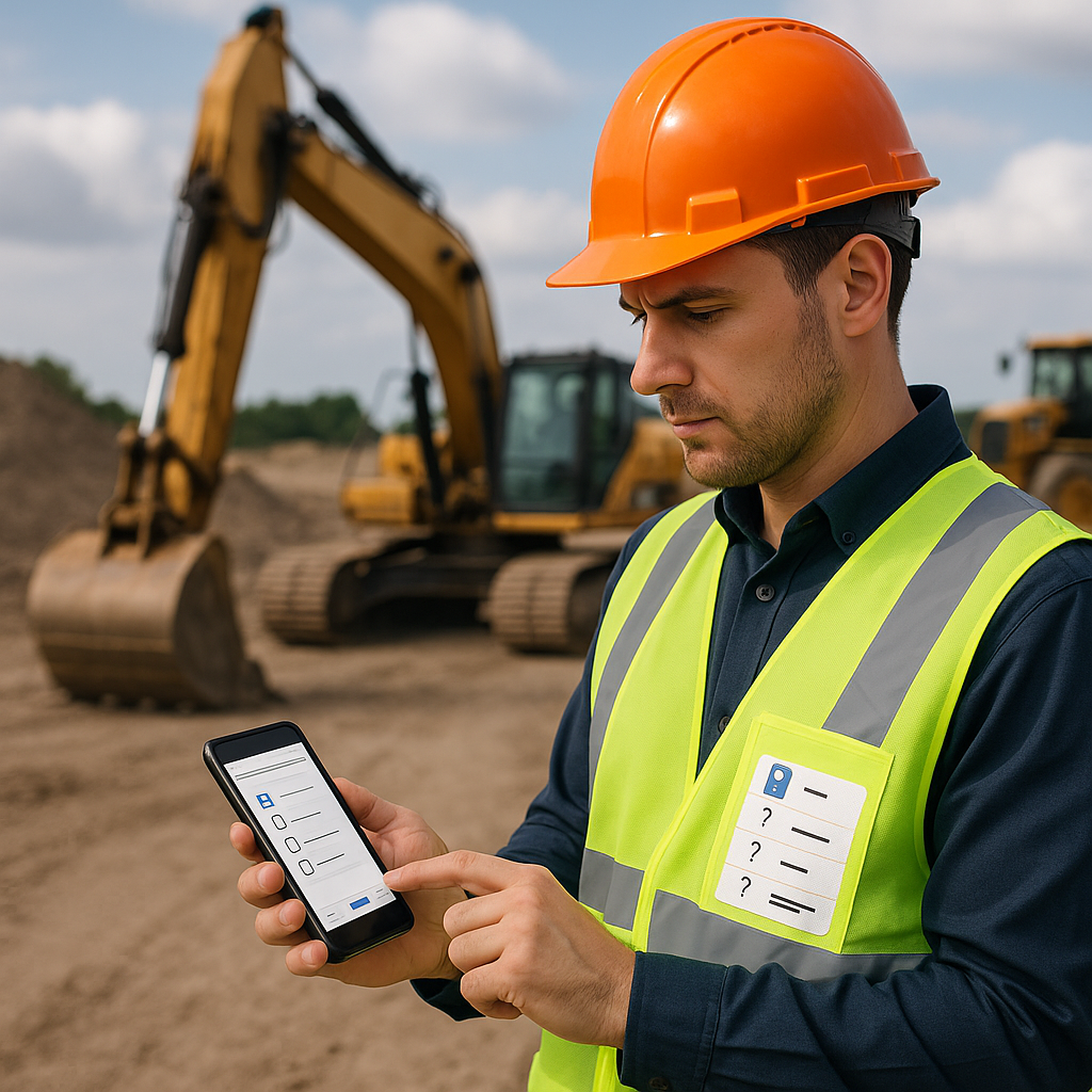 A field supervisor using a mobile app to capture site data and flag RFP questions, with construction equipment in the ba...