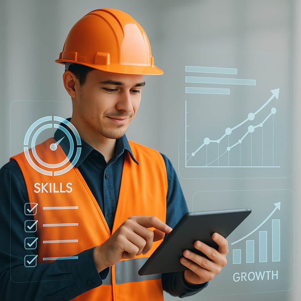 A young construction worker wearing a hard hat, looking at a tablet with a futuristic dashboard overlay showing skills a...
