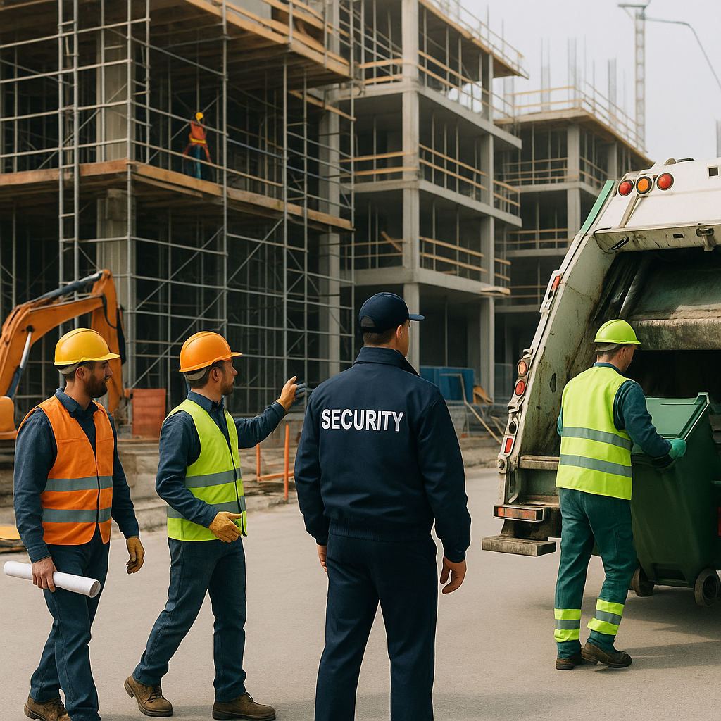 A realistic construction site with workers, security personnel, and a waste management truck in action, showcasing soft...