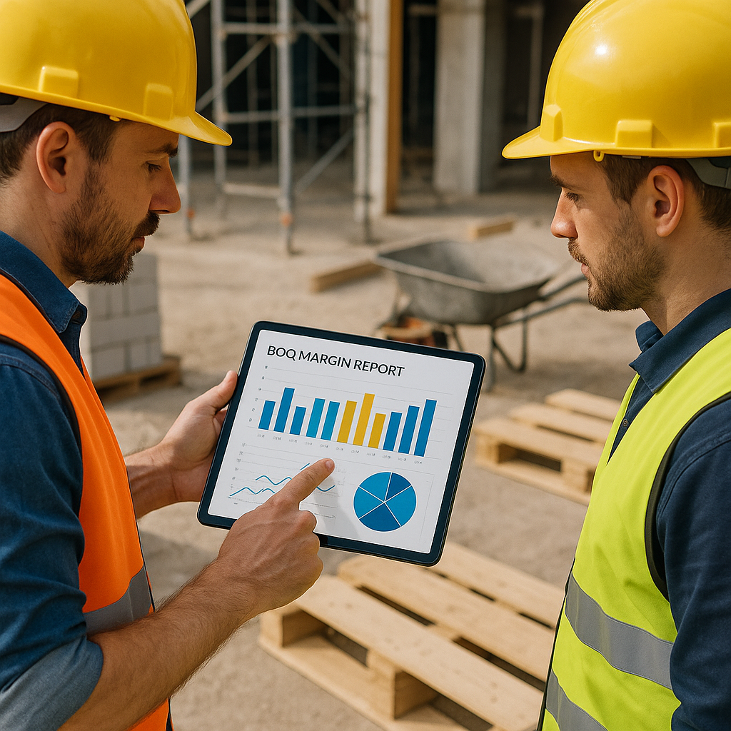A construction site with workers analyzing a BOQ margin report on a tablet, surrounded by materials and equipment. The s...