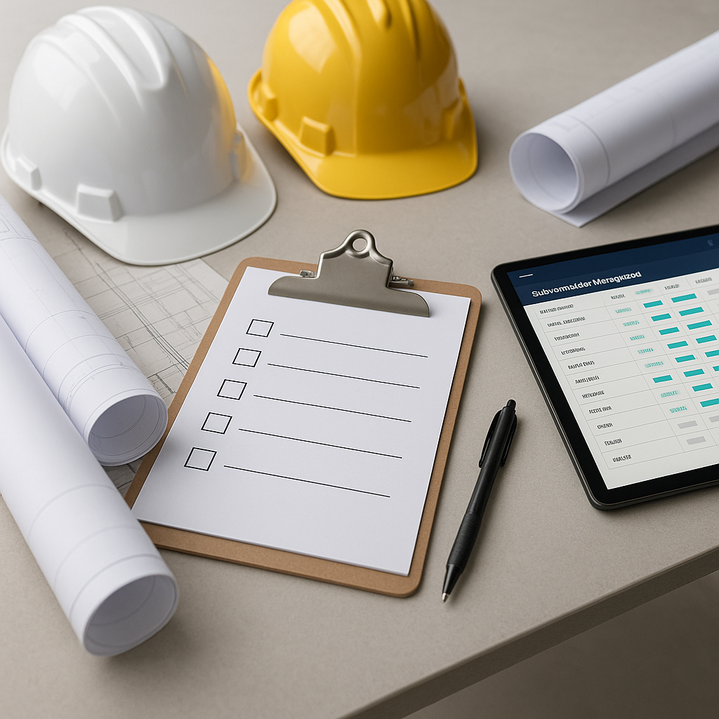 An organized checklist on a construction site desk with hard hats, blueprints, and a tablet showing subcontractor manage...