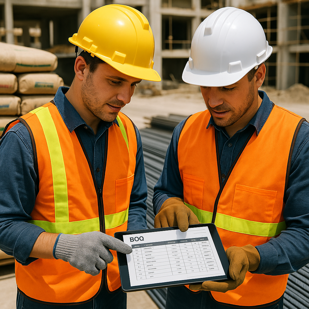 A construction site with workers analyzing a BOQ on a tablet, surrounded by building materials like cement bags and stee...