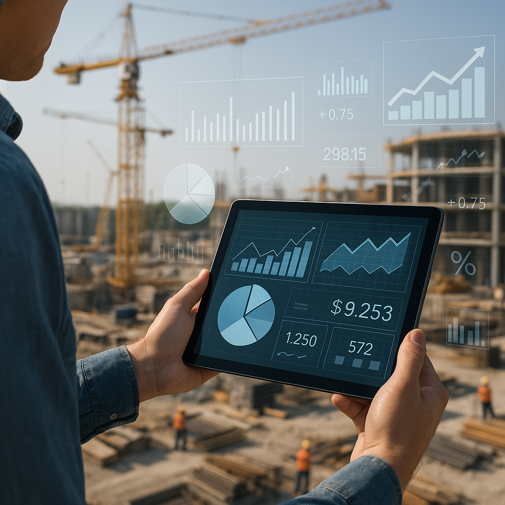 An AI-generated image of a construction site with digital overlays of charts, graphs, and financial calculations on a ta...