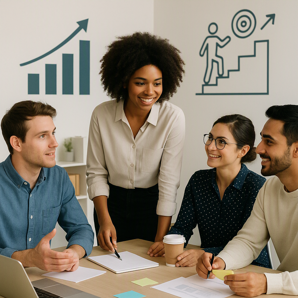 A diverse group of young professionals in a modern office, engaged in a brainstorming session, with growth charts and ca...