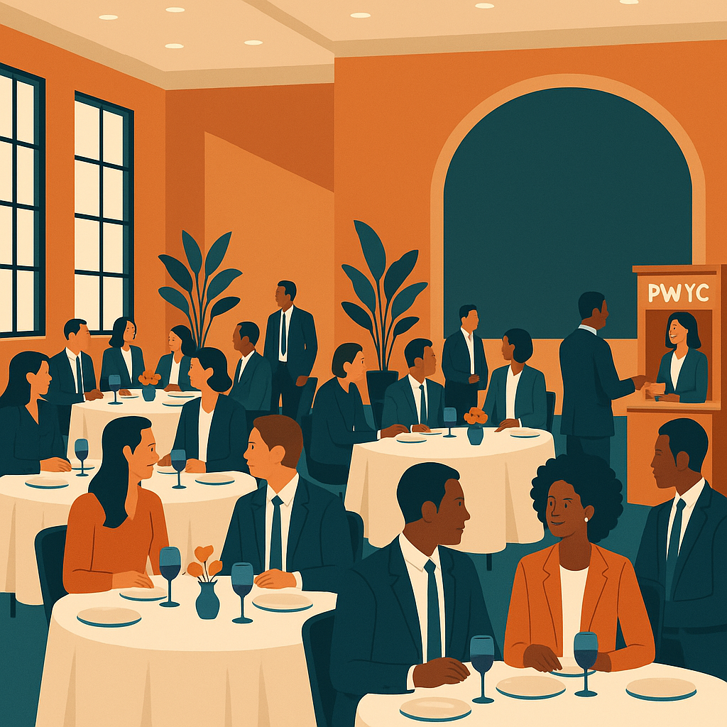A vibrant illustration of a large banquet hall set for a business dinner, with diverse attendees, a PWYC ticket booth, a...