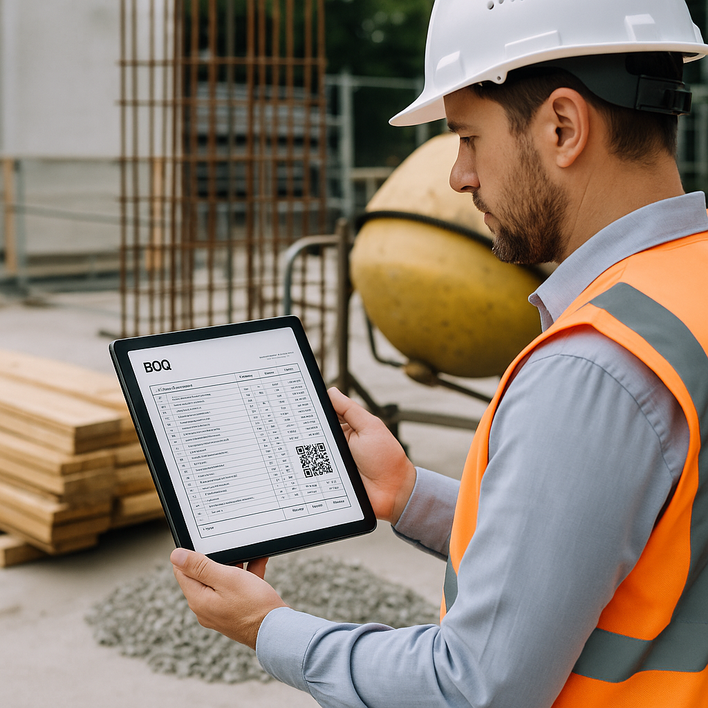 A construction supervisor on-site, holding a tablet with a detailed BOQ displayed, surrounded by materials and equipment...