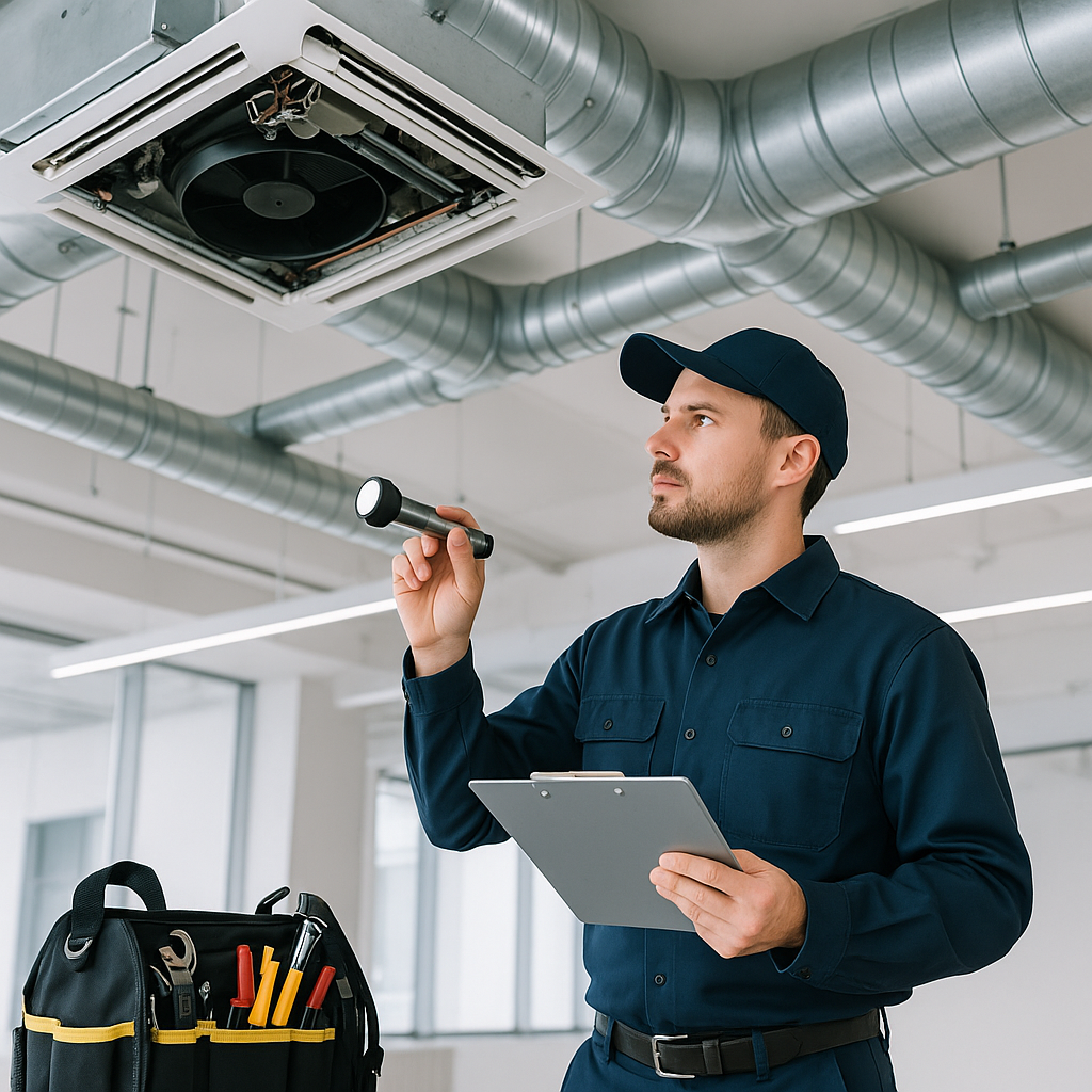 A facilities contractor inspecting HVAC systems inside a commercial building. Include tools, technicians, and a clean, p...