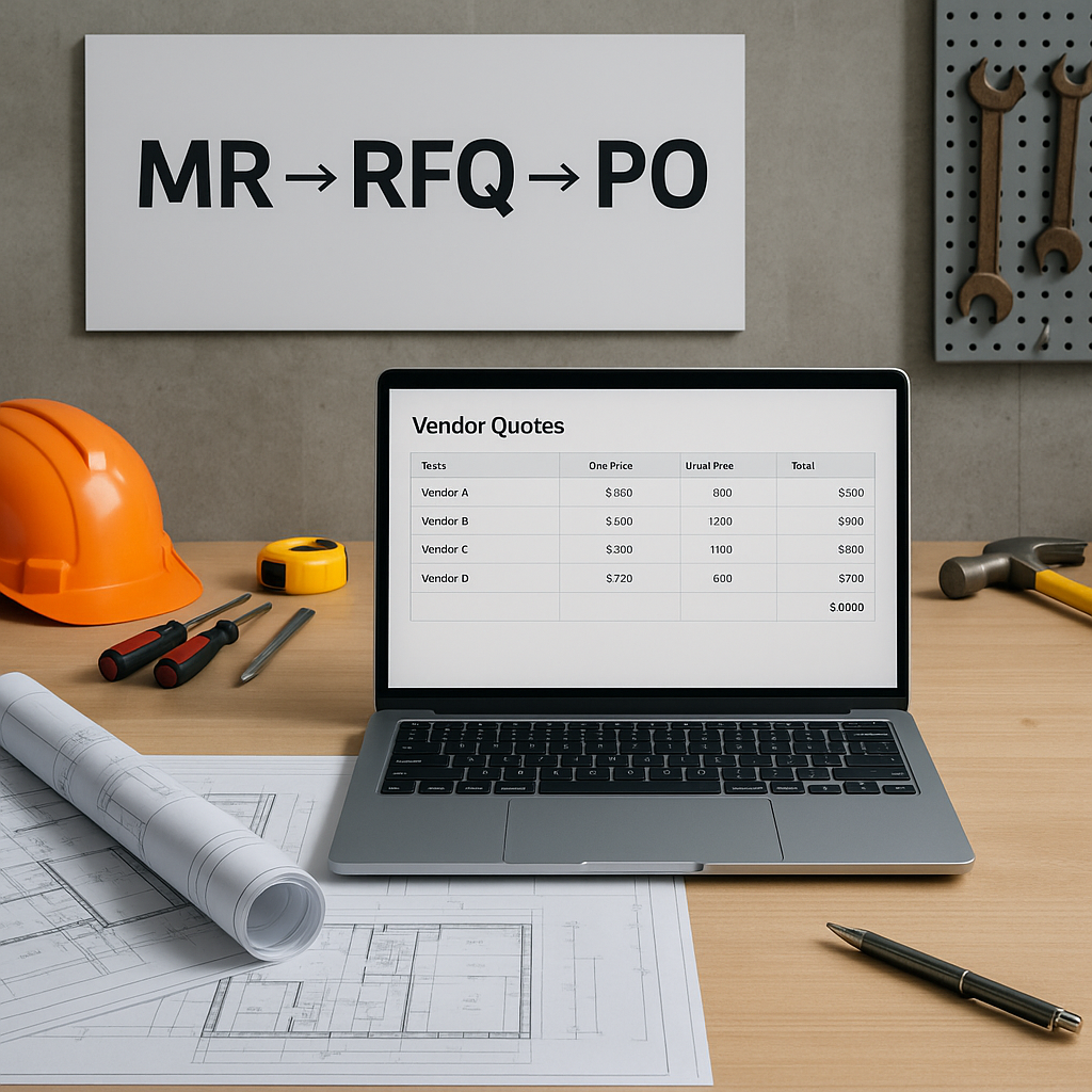 An organized construction procurement desk with blueprints, a laptop showing vendor quotes, and a structured MR→RFQ→PO p...