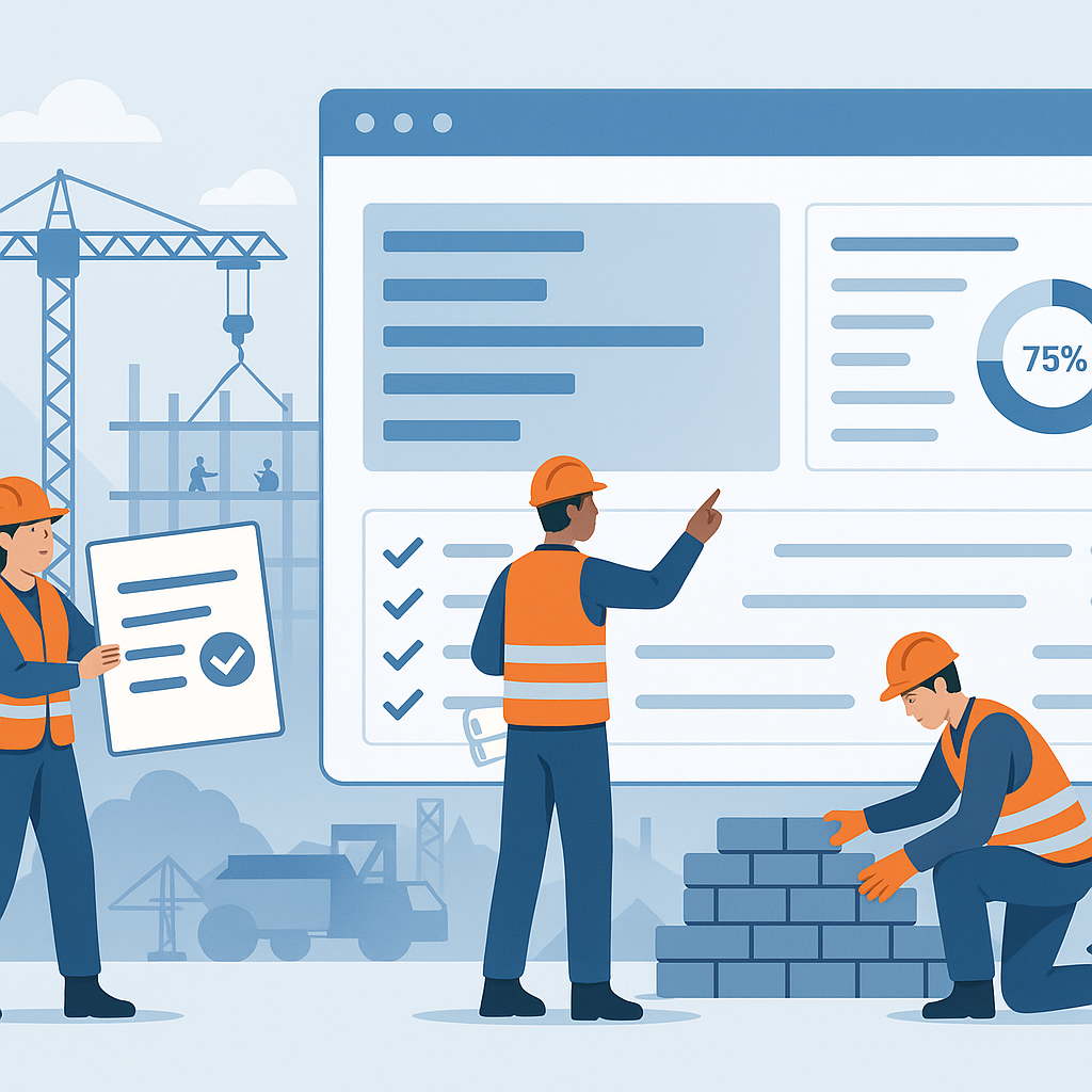A detailed illustration of a construction site with workers, compliance documents, and a digital dashboard showing subco...