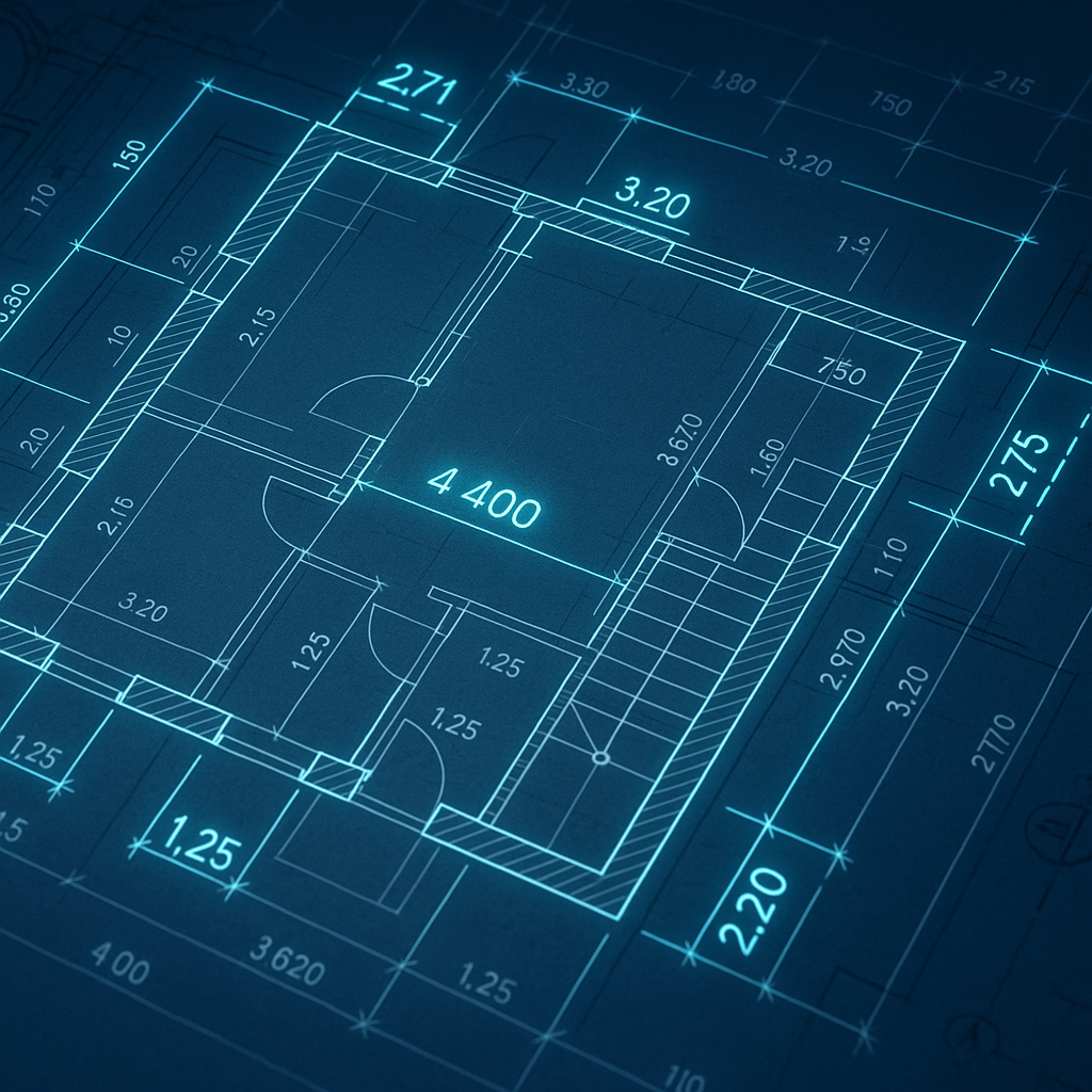 A detailed architectural blueprint with AI visual overlays highlighting dimensions and annotations, symbolizing automate...