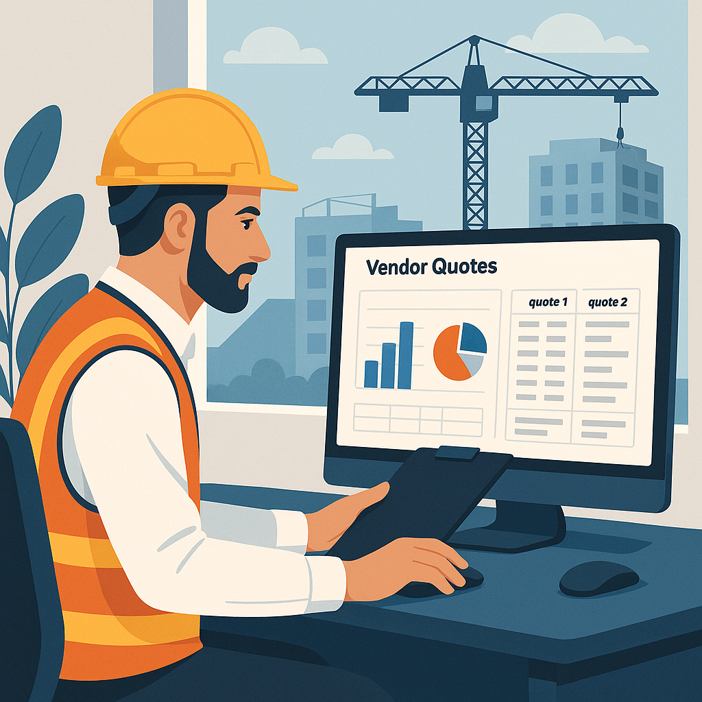 A detailed illustration of a construction project manager comparing vendor quotes on a digital dashboard, with charts an...