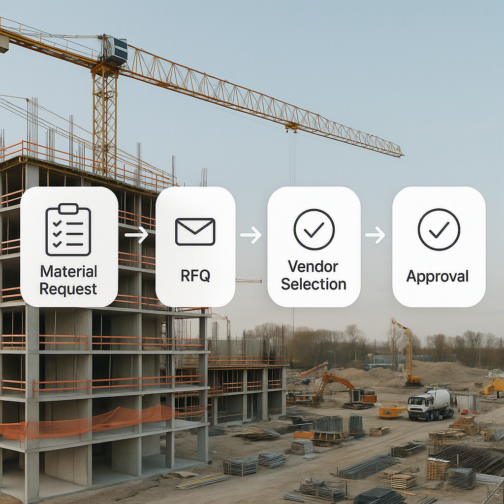 A construction project site with digital procurement workflows visualized, showing steps like Material Request, RFQ, Ven...
