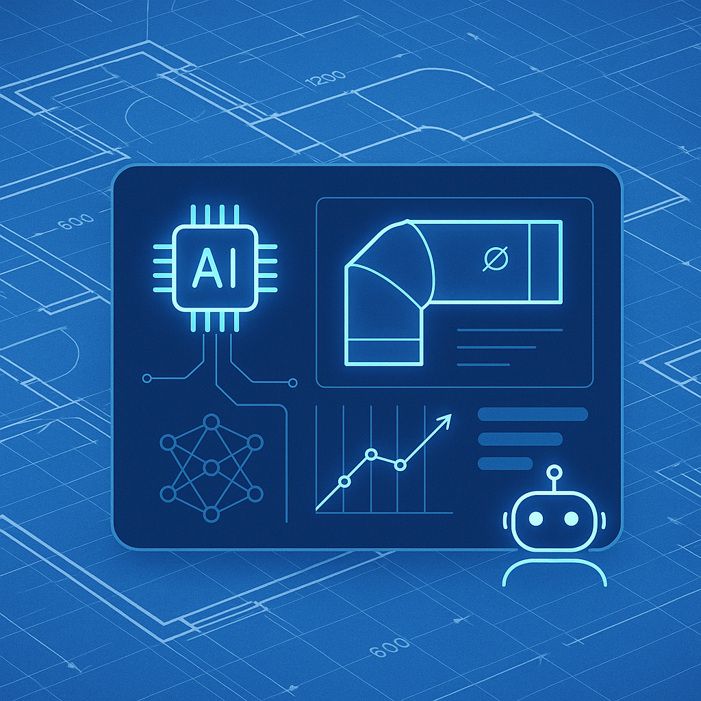 Illustrate an AI-powered tool analyzing a technical drawing for HVAC duct sizing. Include clean lines, blueprint element...