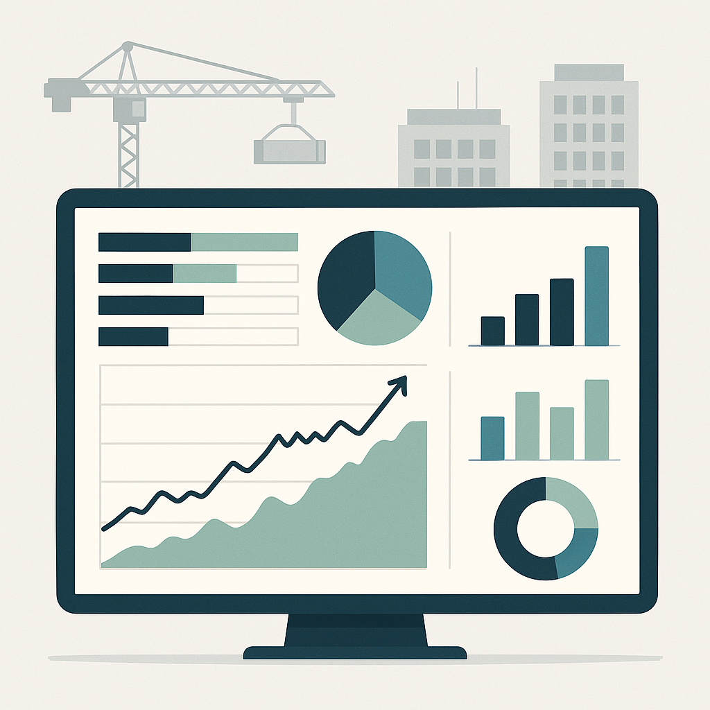 A detailed illustration of a construction project dashboard showing BOQ margin analysis, with graphs and charts highligh...