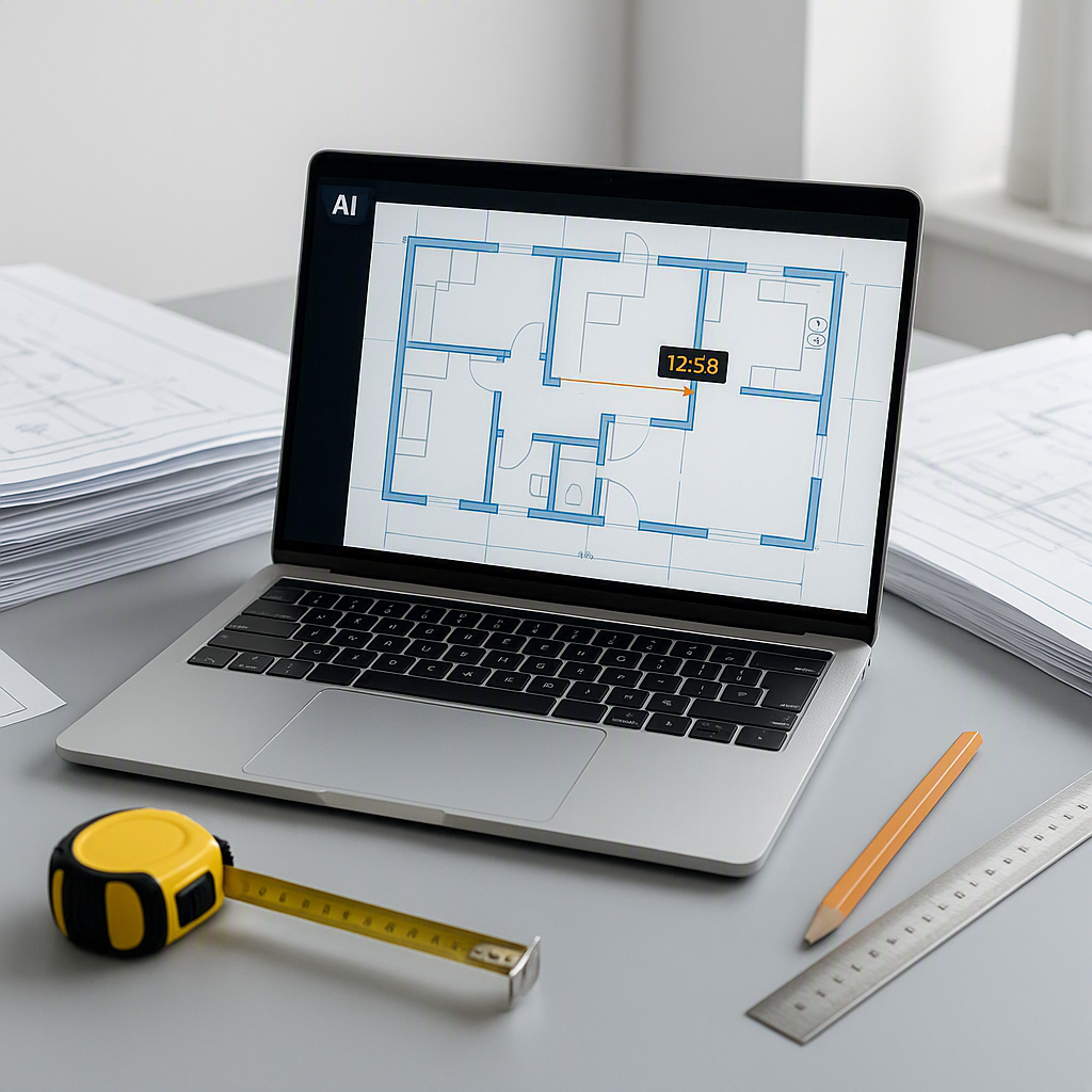 A construction estimator's desk with a laptop displaying AI software measuring a digital blueprint, surrounded by stacks...