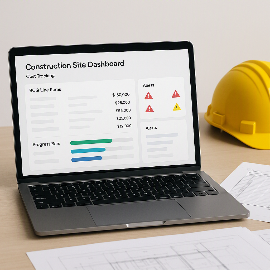 A construction site dashboard showing real-time cost tracking, with BOQ line items, progress bars, and alerts on a lapto...