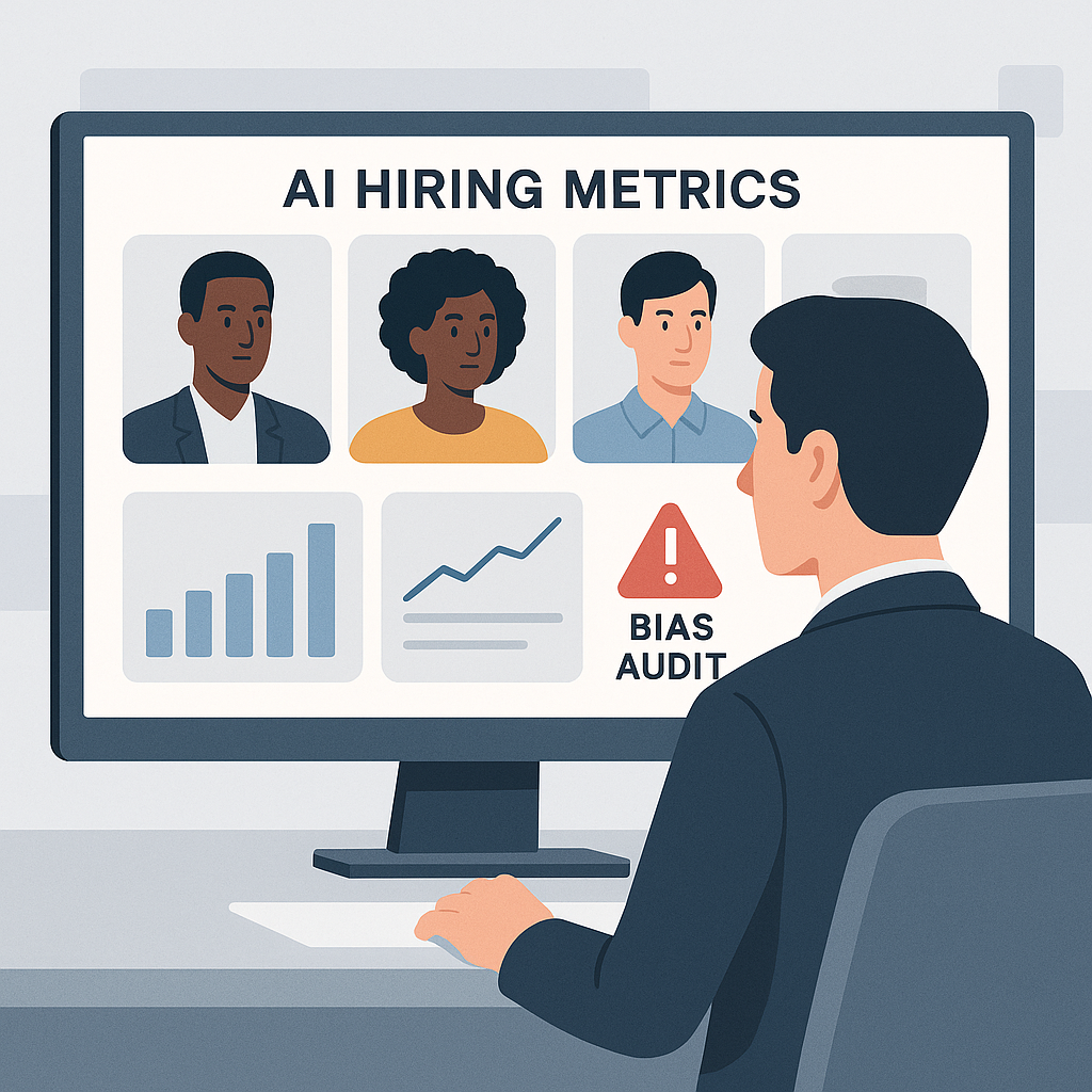 A professional recruiter looking at a dashboard with AI hiring metrics, featuring diverse candidate profiles and a 'bias...