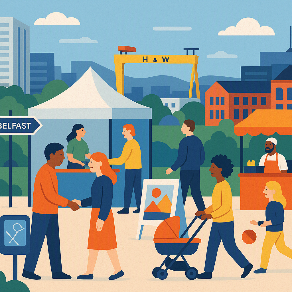 A bustling community event in Belfast, featuring a diverse group of people engaging in activities, with clear signage an...