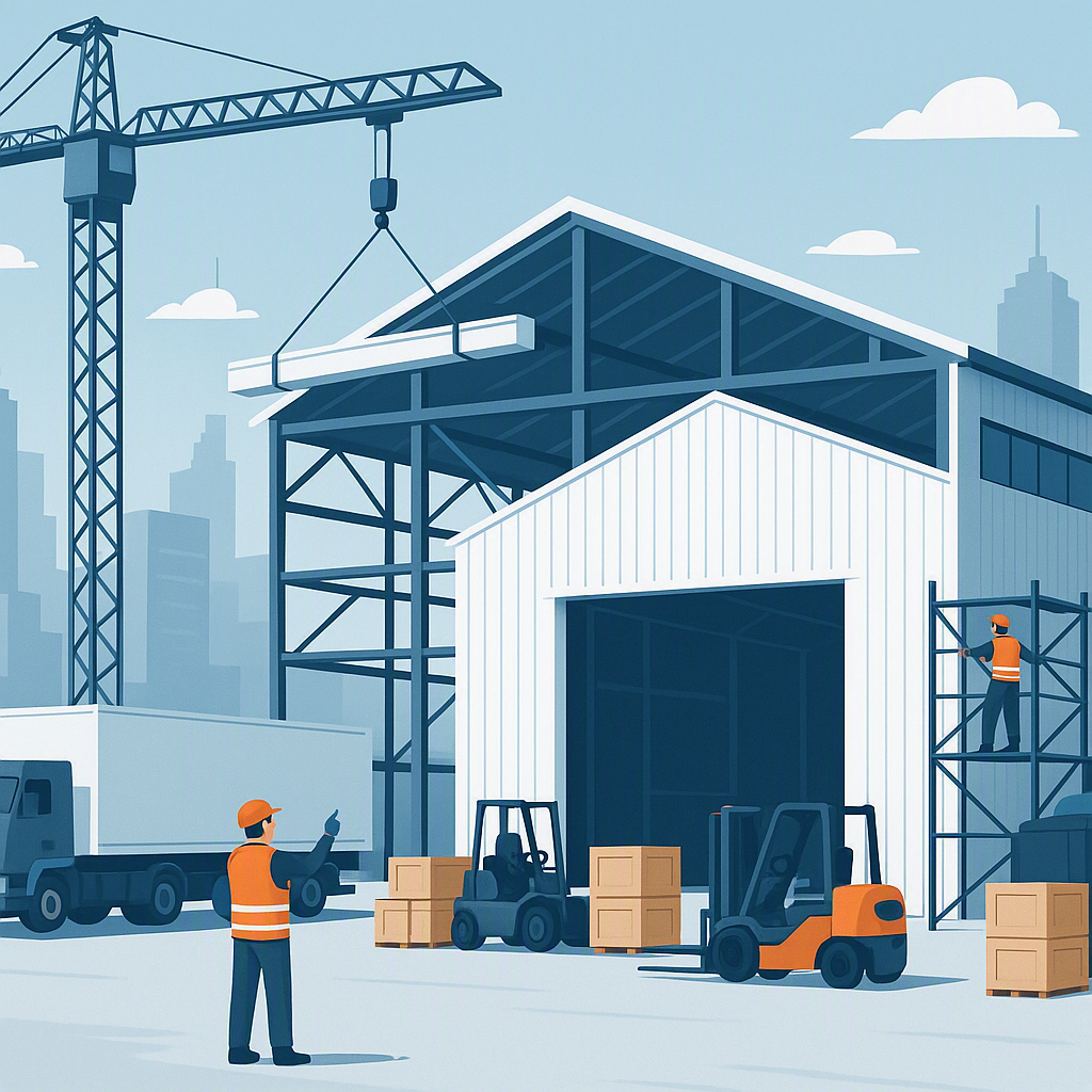 A modern construction site with workers building a large warehouse, surrounded by trucks and logistics equipment, set ag...