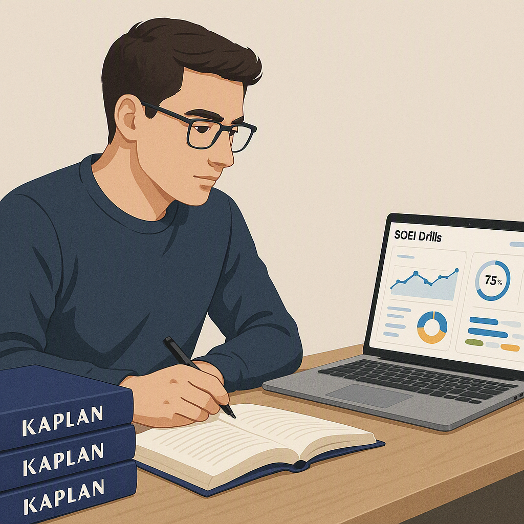 A realistic illustration of a law student at a desk with Kaplan-branded books on one side and an open laptop showing SQE...