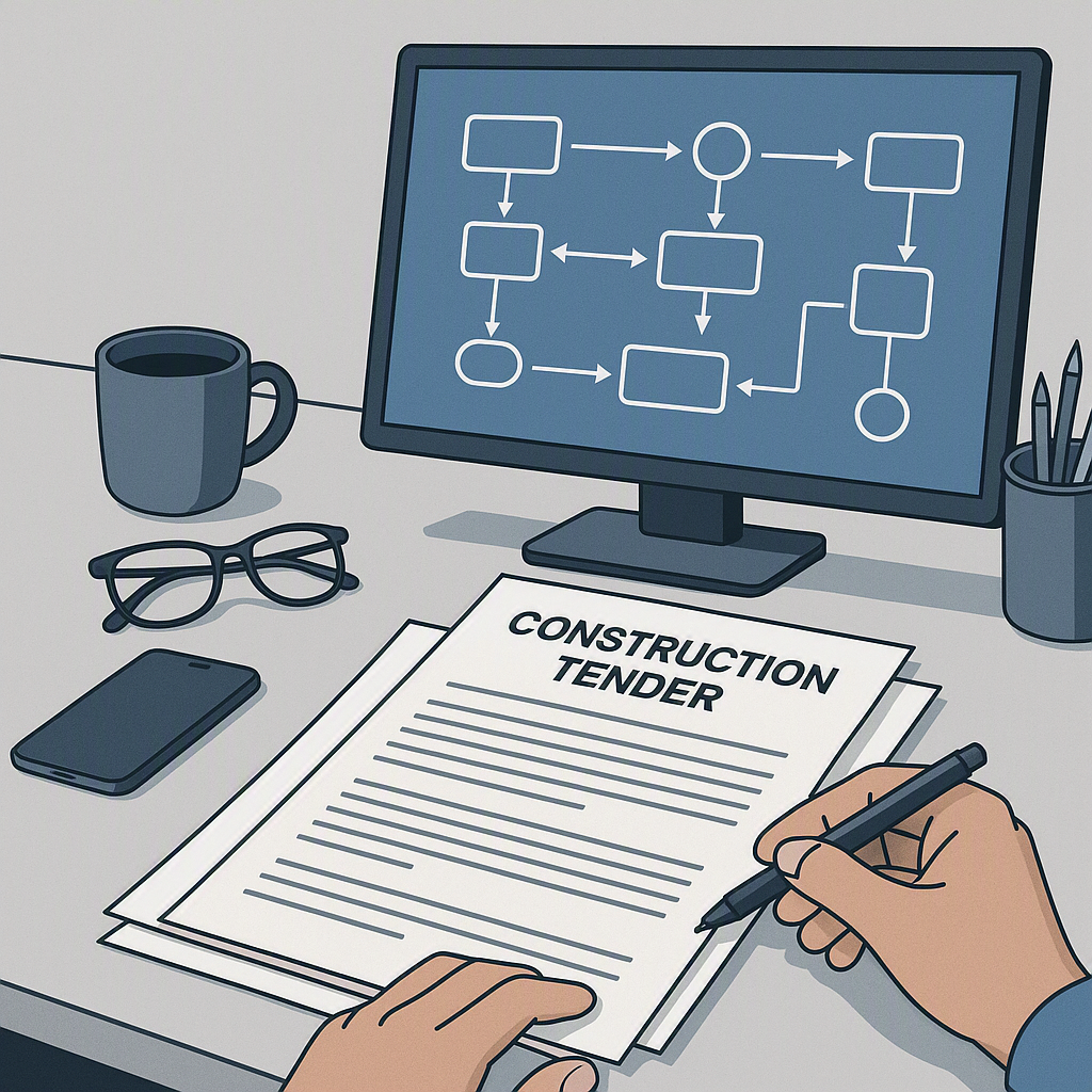 A detailed illustration of construction tender documents being reviewed on a desk, with a digital workflow diagram on a...