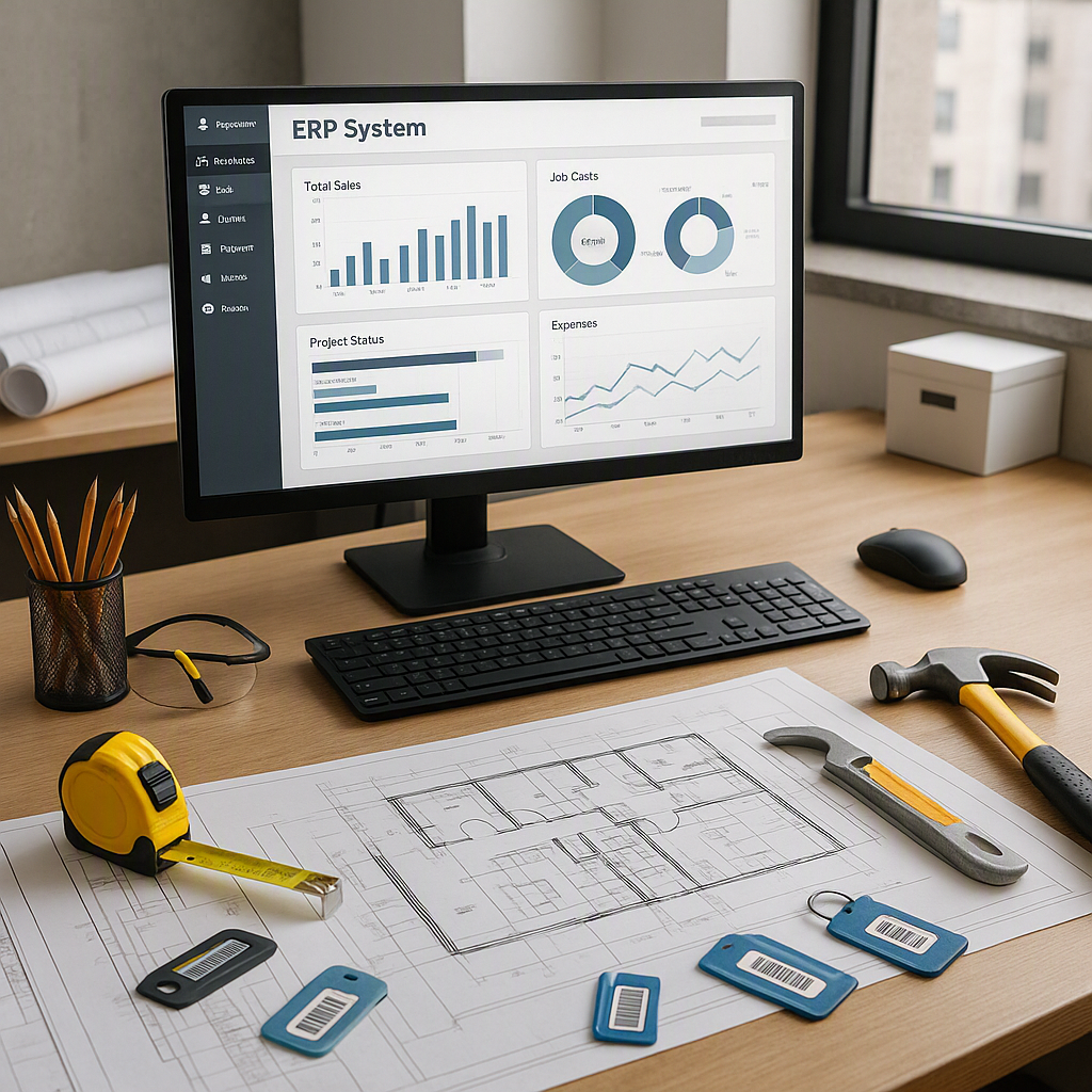 A realistic depiction of a contractor's office with a computer screen showing an ERP system dashboard, surrounded by blu...