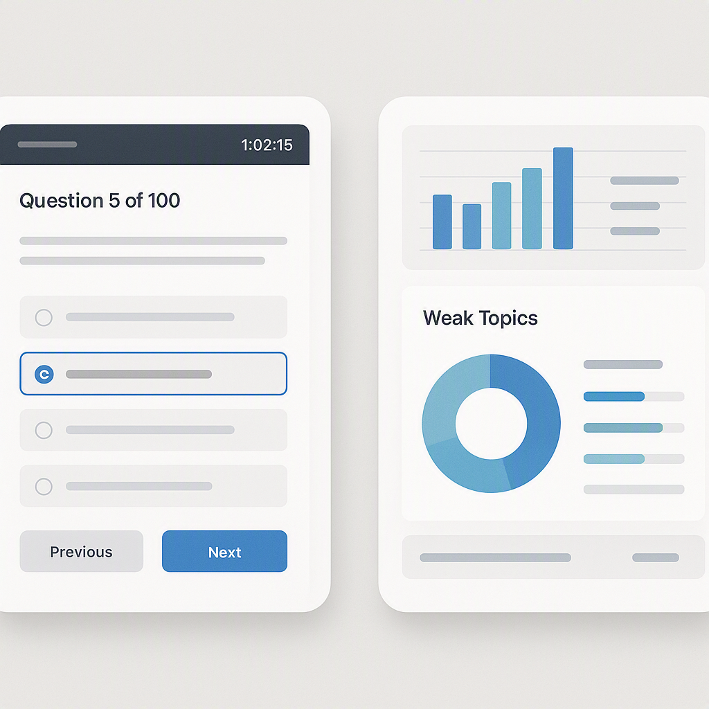 A side-by-side comparison of two SQE1 preparation tools, one showing a mock exam interface and the other with analytics...