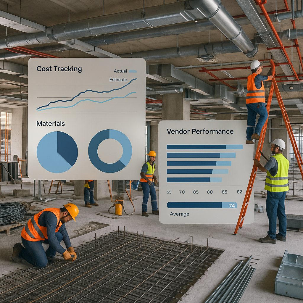 A construction site with multiple trades working simultaneously (civil, electrical, HVAC). Overlayed dashboards show rea...