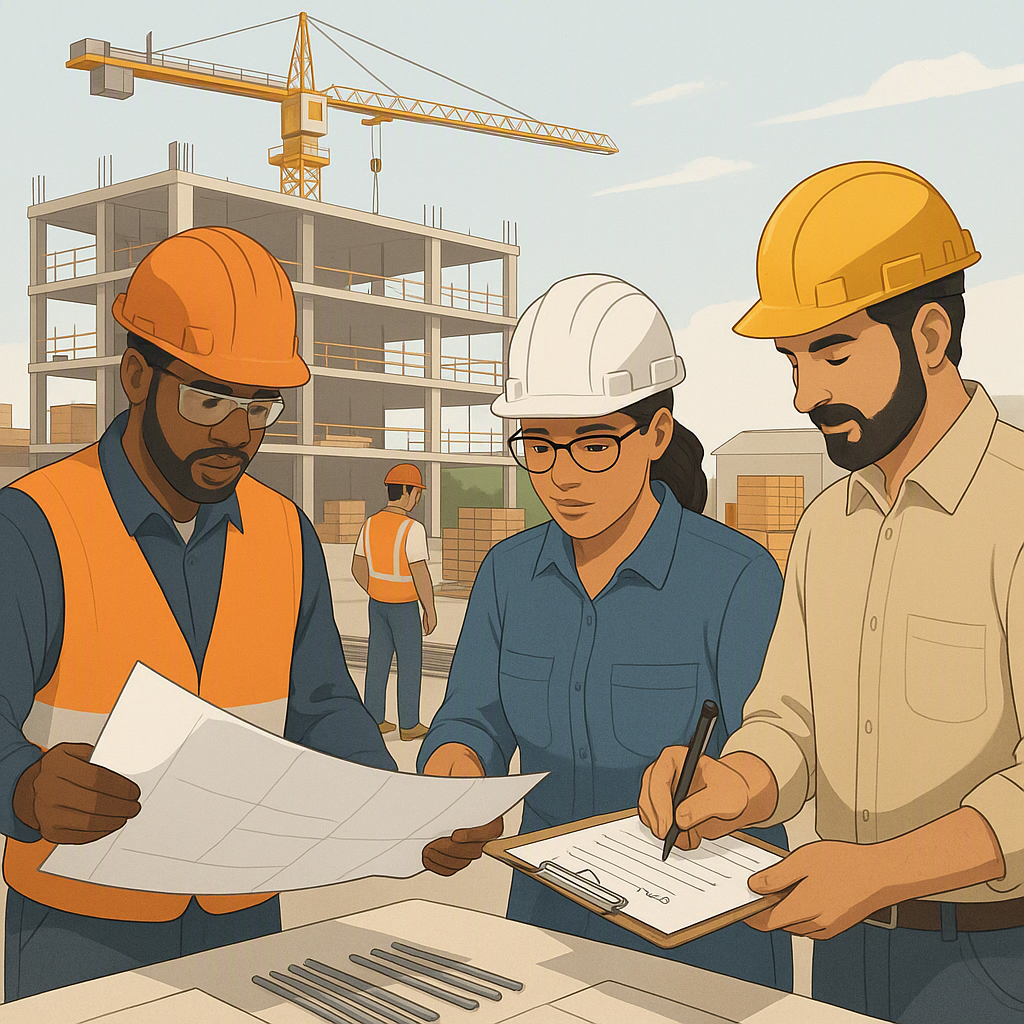 A detailed, professional illustration of a construction project site with diverse subcontractors reviewing blueprints, s...