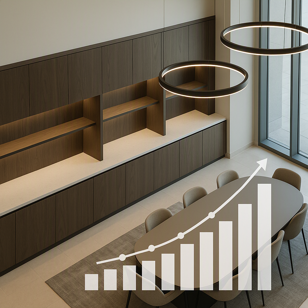 An aerial view of a high-end interior fitout project in a GCC office space, showing custom cabinetry and modern lighting...