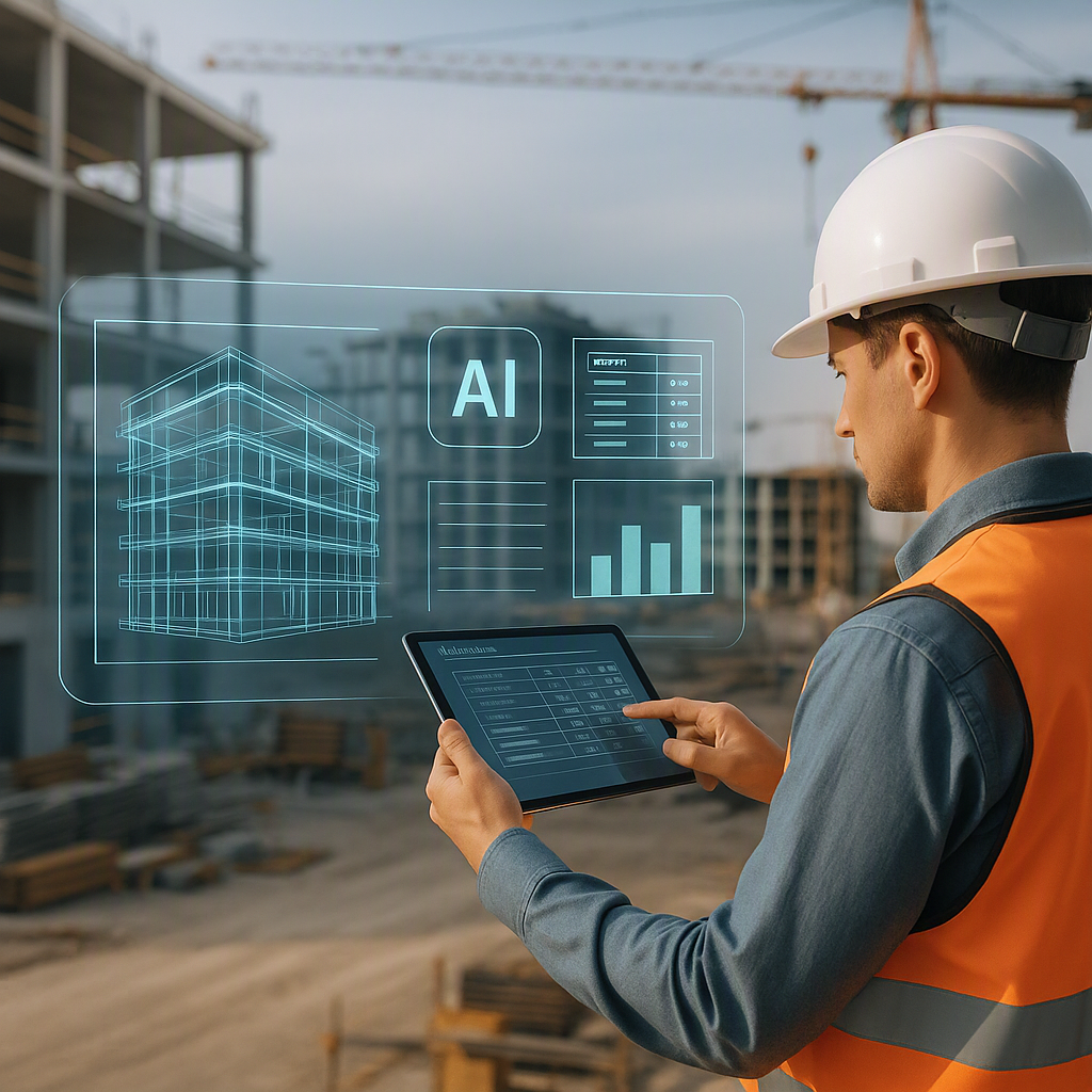 A modern construction site with an estimator using an AI-powered tool on a tablet, overlayed with a futuristic digital i...