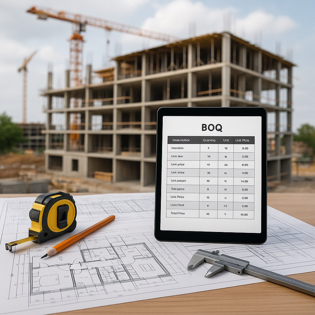 A detailed image showing a construction site with blueprints, a tablet displaying a digital BOQ, and measurement tools s...