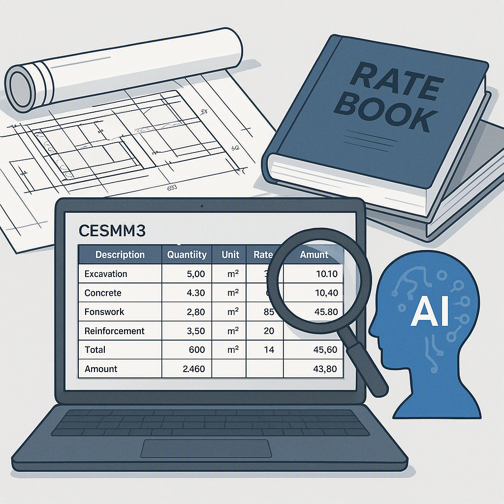 A detailed illustration of a CESMM3-compliant BOQ spreadsheet being analyzed by AI, with construction drawings and rate...