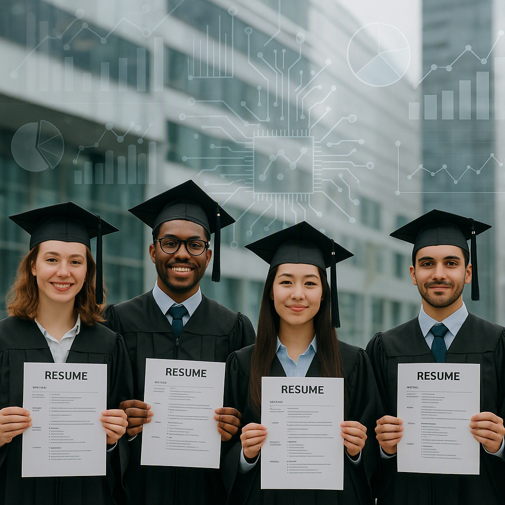 A group of diverse young graduates holding their resumes, standing in front of a modern office building, with a subtle o...
