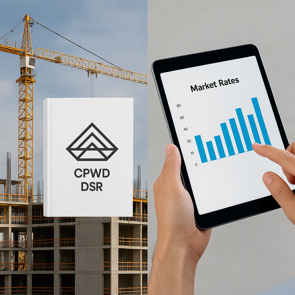 A construction site with a split-screen effect: one side showing a CPWD DSR manual and the other side showing localized...