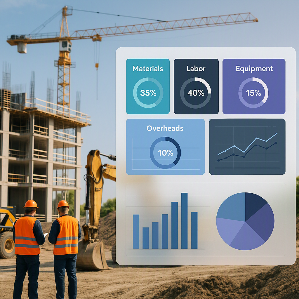 A construction project site with overlays showing cost breakdowns (materials, labor, equipment, overheads) on a digital...