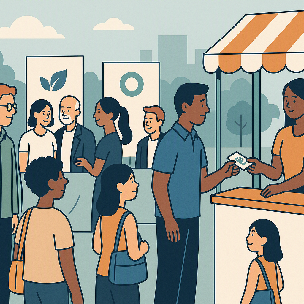 A professional illustration of a community event with diverse attendees, local sponsors represented, and tickets being d...