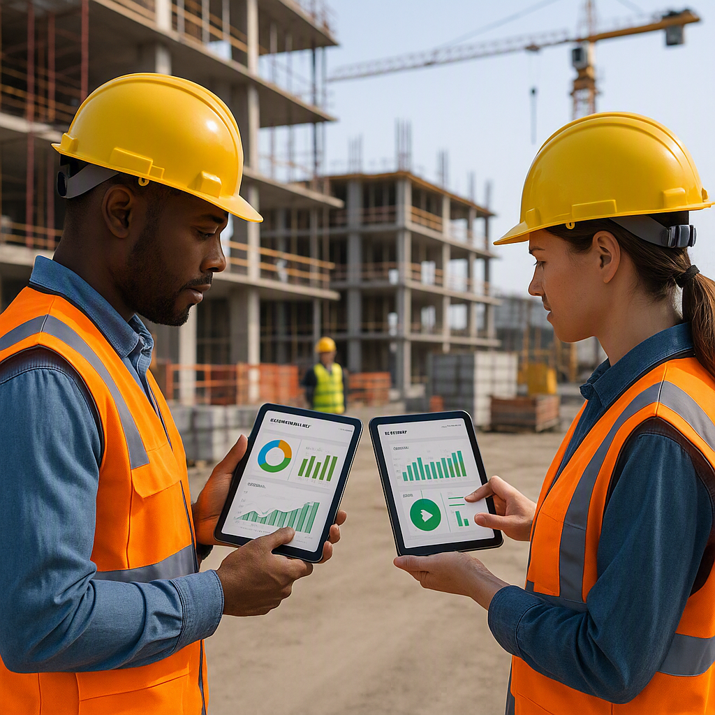 A construction site with workers in safety gear using tablets to track project budgets in real-time, with charts and das...