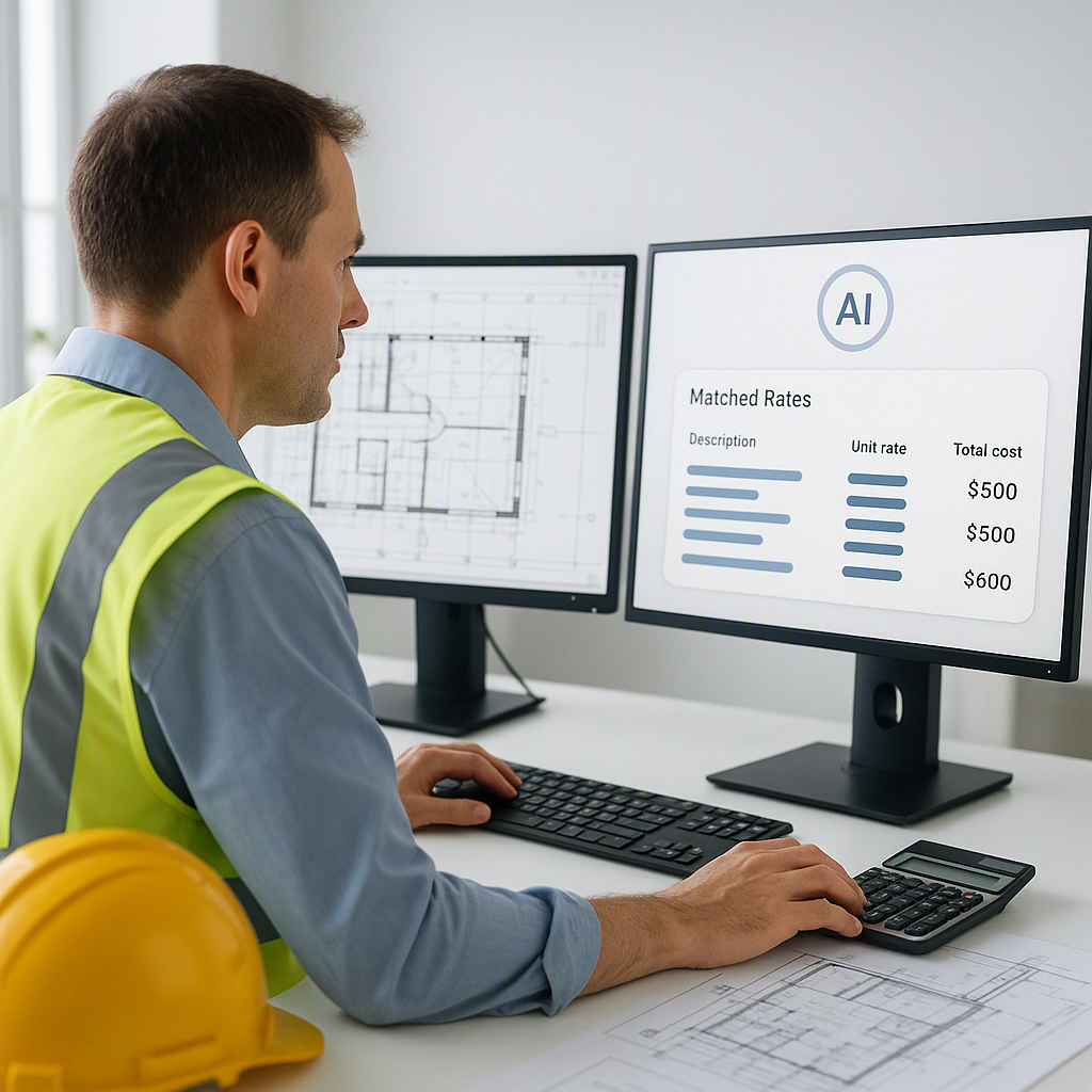 A construction estimator at a desk, with digital blueprints on a screen and an AI interface displaying matched rates in...